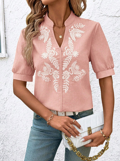 Loose Short Sleeves Flower-Embellished Contrast Color Split-Joint Stand Collar Blouses&Shirts Tops
