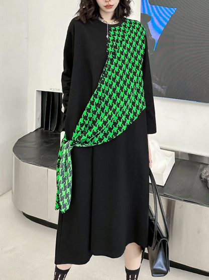 A-Line Long Sleeves Asymmetric Contrast Color Houndstooth Split-Joint Round-Neck Midi Dresses
