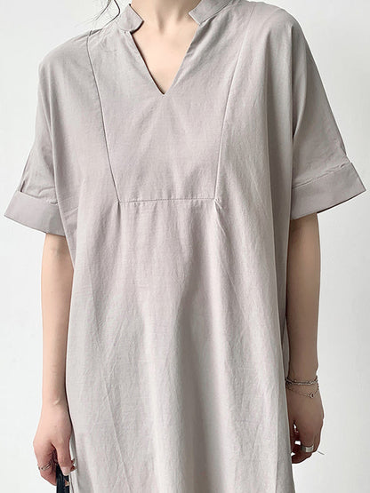 Loose Short Sleeves Solid Color V-Neck Maxi Dresses