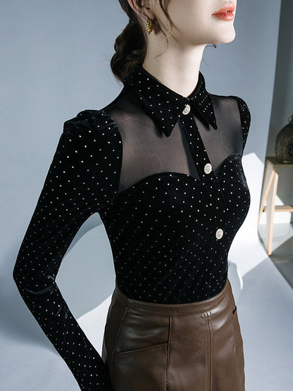 Long Sleeves Skinny Buttoned Polka Dot Split-Joint Lapel T-Shirts Tops