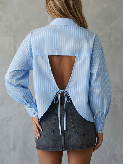 Long Sleeves Puff Sleeves Buttoned Contrast Color Hollow Striped Tied Waist Lapel Blouses&Shirts Tops