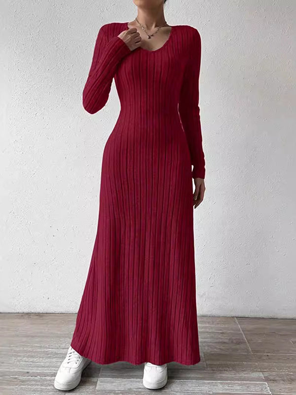 Long Sleeves Skinny Solid Color V-Neck Maxi Dresses Sweater Dresses