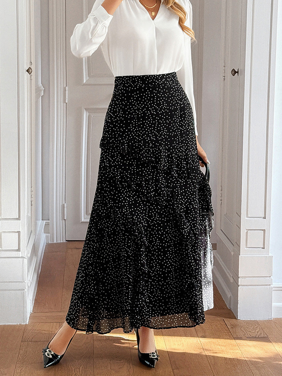 A-Line High Waisted Contrast Color Layered Polka-Dot Ruffled Split-Joint Skirts Bottoms