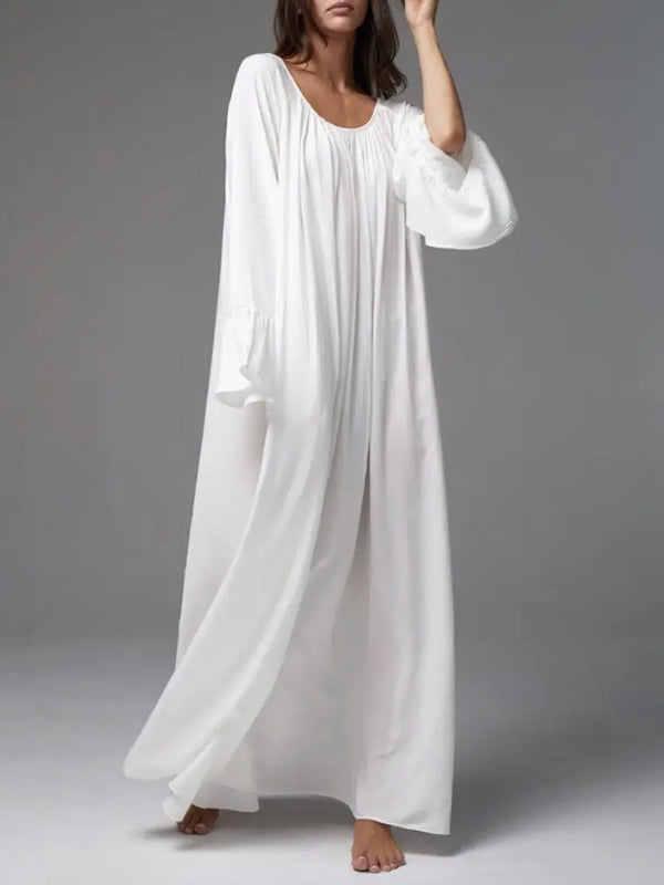 Flared Sleeves Loose Pleated Solid Color Split-Joint Round-Neck Maxi Dresses