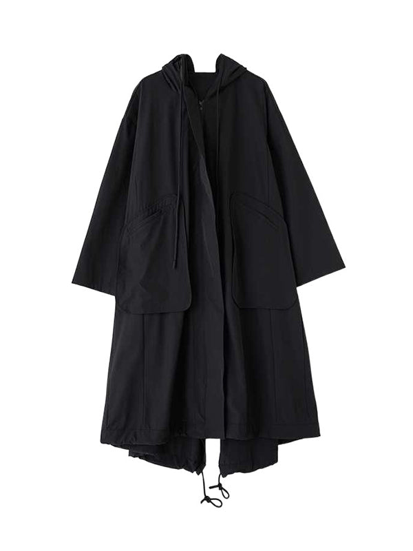 Hooded Long Sleeves Drawstring Pockets Solid Color Split-Joint Zipper Outerwear Trench Coats