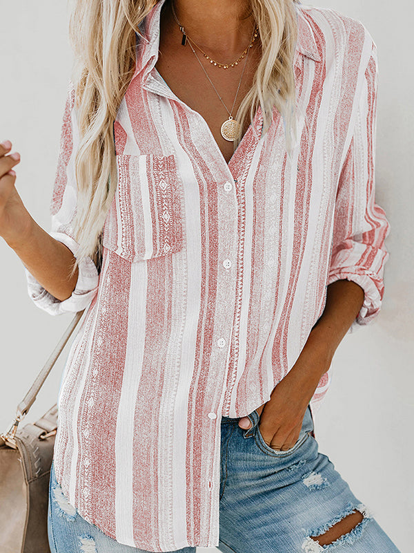 High-Low Long Sleeves Buttoned Pockets Striped Lapel Blouses&Shirts Tops
