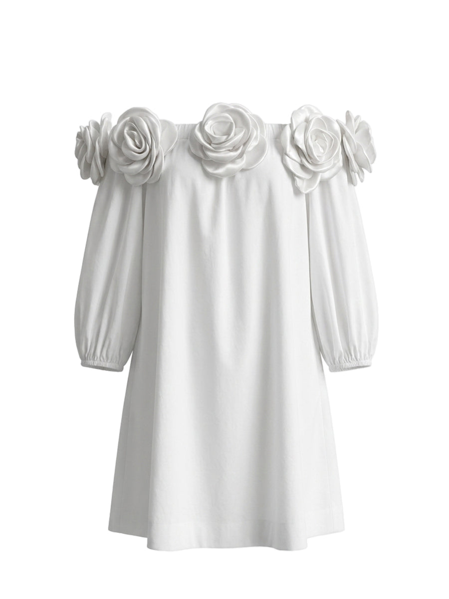 Half Sleeves Loose Pockets Solid Color Three-Dimensional Flower Off-The-Shoulder Mini Dresses
