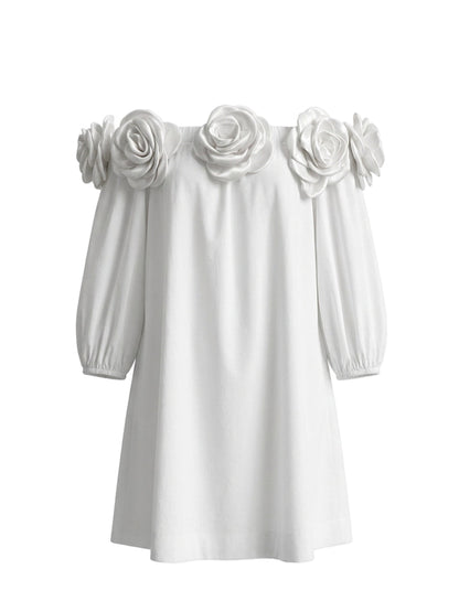 Half Sleeves Loose Pockets Solid Color Three-Dimensional Flower Off-The-Shoulder Mini Dresses