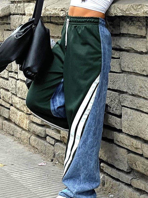 High Waisted Loose Drawstring Elasticity Pockets Denim Split-Joint Pants Trousers