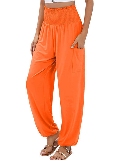 High Waisted Loose Elasticity Pleated Pockets Solid Color Split-Joint Pants Trousers