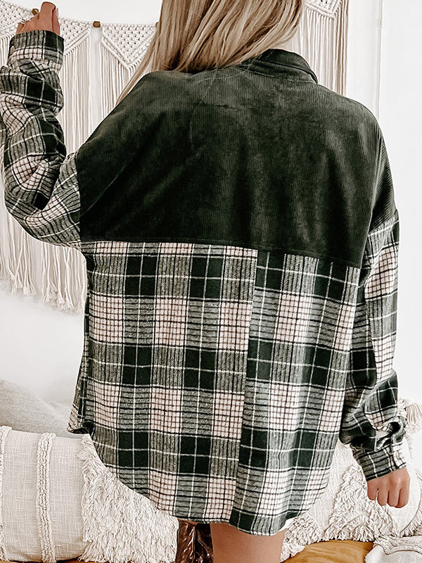 Long Sleeves Loose Buttoned Contrast Color Plaid Split-Joint Lapel Outerwear
