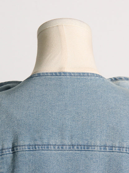 Long Sleeves Loose Buckle Three-Dimensional Flower Round-Neck Denim Jackets Outerwear