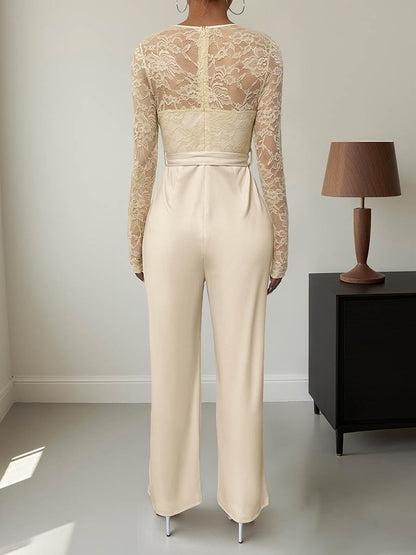 Column High Waisted See-Through Solid Color Split-Joint Tied Waist Round-Neck Jumpsuits
