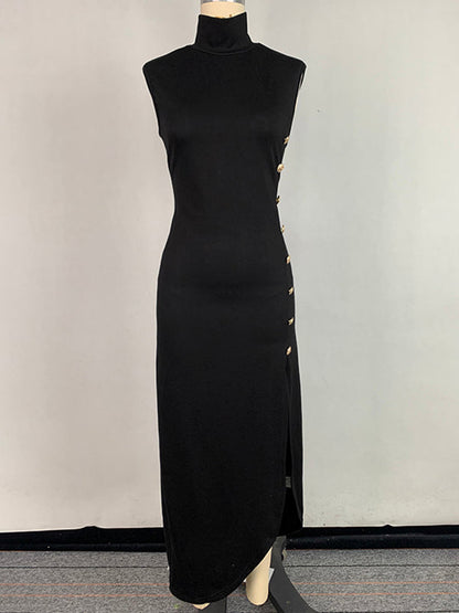 Bodycon Sleeveless Buttoned Solid Color Split-Side High Neck Maxi Dresses