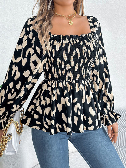 Long Sleeves Puff Sleeves Leopard Pleated Ruffled Square-Neck T-Shirts Tops