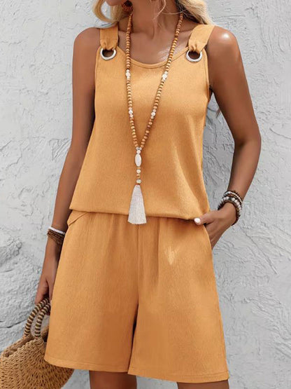 Loose Solid Color Round-Neck Sleeveless Hollow Blouses&Shirts Tops + Pockets Shorts Bottoms Two Pieces Set