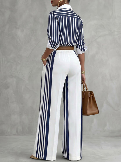 High Waisted Wide Leg Contrast Color No Belt Pockets Pants Trousers