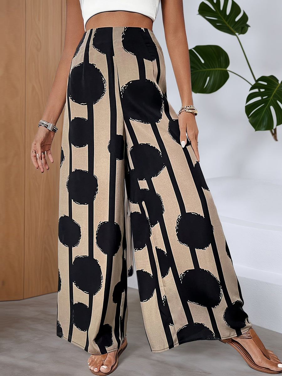 High Waisted Wide Leg Contrast Color Polka Dot Striped Pants Trousers
