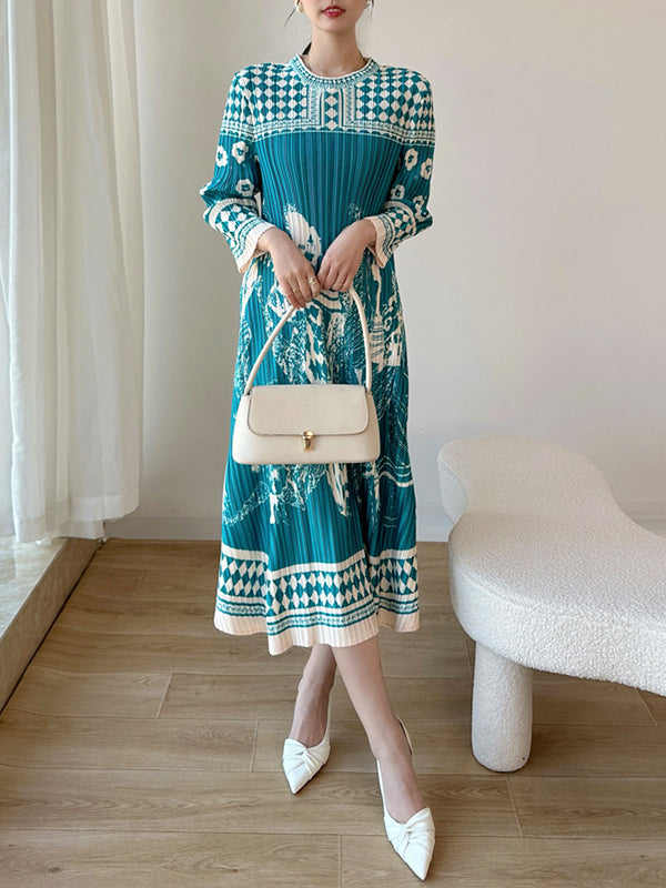 A-Line Loose Pleated Printed Round-Neck Midi Dresses