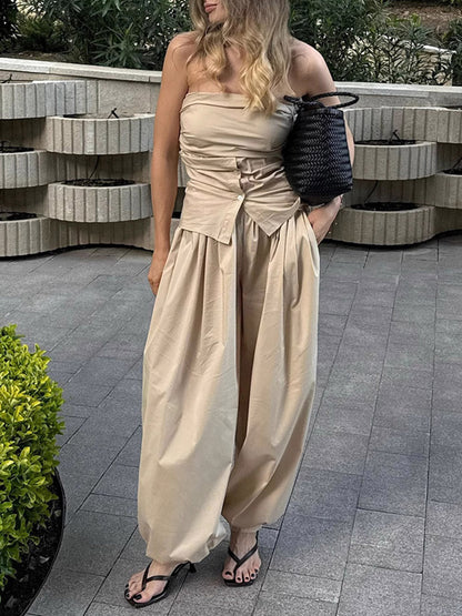 Elasticated Waist High Waisted Drawstring Pleated Solid Color Ankle-Tied Pants