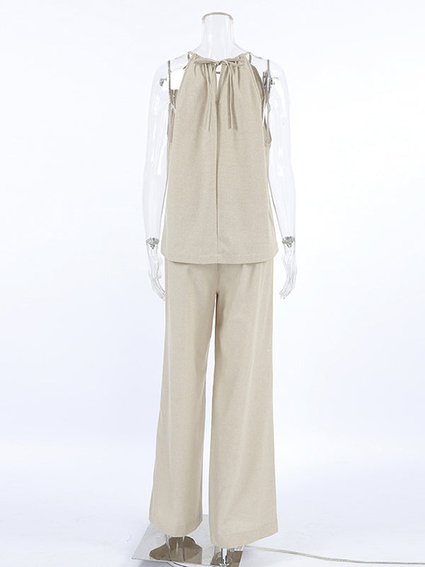 Loose Hollow Split-Joint Halter-Neck Vest + Elasticity High Waisted Pants Trousers Two Pieces Set