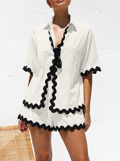 Loose Contrast Color Shirts Tops & Shorts Two Pieces Set