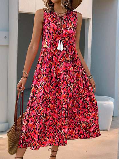 A-Line Loose Contrast Color Printed Split-Joint V-Neck Maxi Dresses