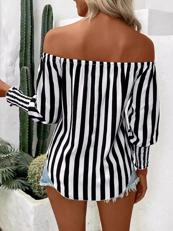 Long Sleeves Loose Contrast Color Elasticity Split-Joint Striped Tied Waist Off-The-Shoulder Blouses&Shirts Tops