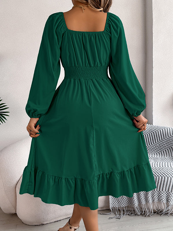 A-Line Elasticated Waist Pleated Ruffled Solid Color Square-Neck Midi Dresses