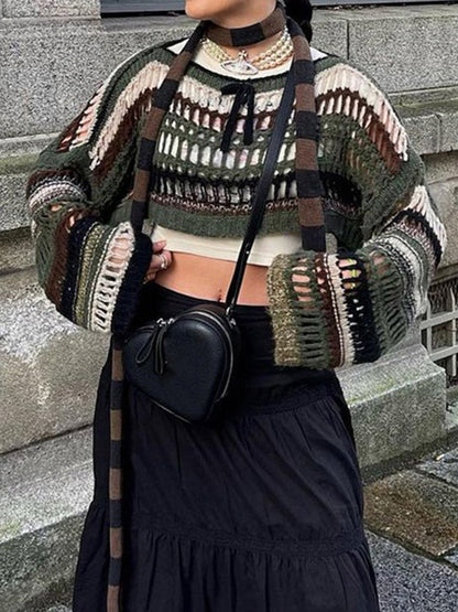 Long Sleeves Loose Drawstring Hollow Split-Joint Round-Neck Sweater Tops