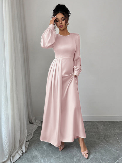 A-Line Elasticated Waist Asymmetric Pleated Solid Color Split-Joint Round-Neck Maxi Dresses