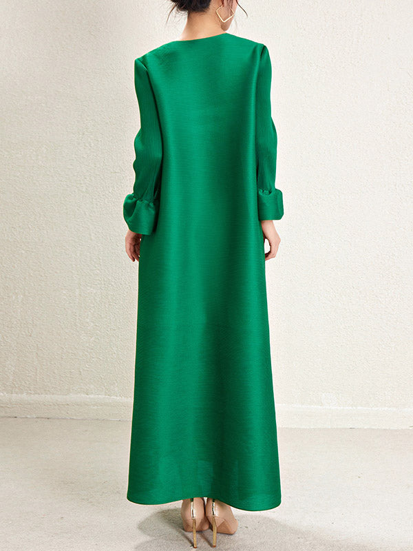 A-Line Loose Pleated Solid Color Round-Neck Maxi Dresses