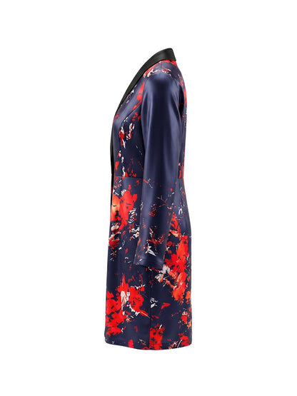 Bodycon Elasticated Waist Contrast Color Flower Print Split-Joint Lapel Midi Dresses