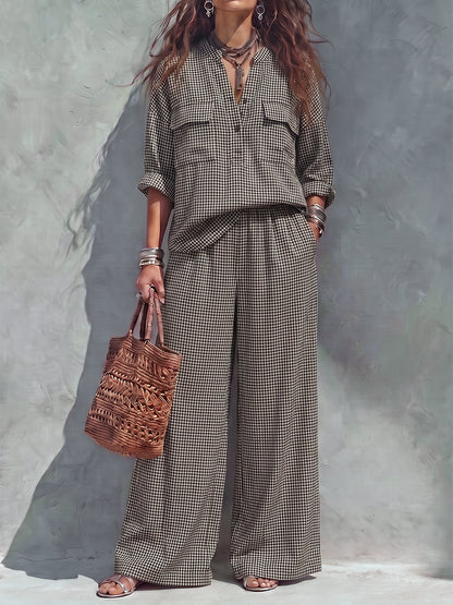Pockets Plaid Elasticity Contrast Color Wide Leg Loose Trousers Pants