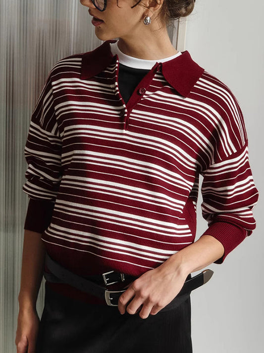 Long Sleeves Split-Joint Striped Lapel Sweater Tops