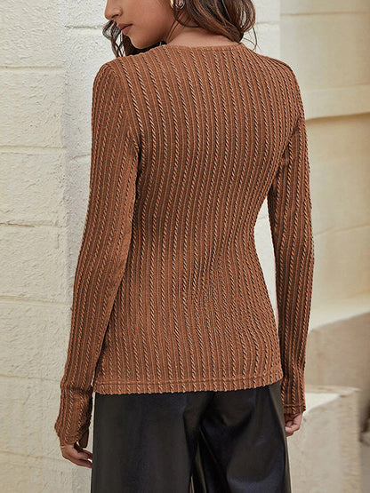 Long Sleeves Skinny Solid Color Tied V-Neck T-Shirts Tops
