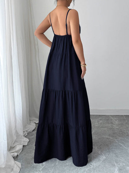 A-Line Sleeveless Backless Drawstring Pleated Solid Color Spaghetti-Neck Maxi Dresses