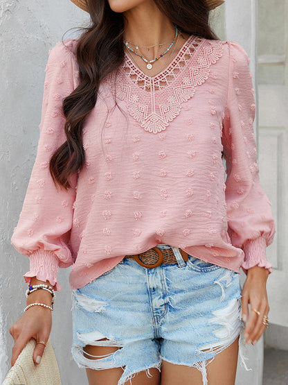Long Sleeves Loose Elasticity Hollow Jacquard Solid Color V-Neck Blouses&Shirts Tops