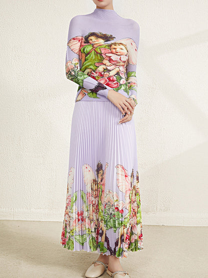 Long Sleeves Printed Mock Neck T-Shirt Top + Pleated A-Line Skirts Bottom Two Pieces Set