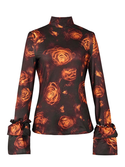 Flared Sleeves Long Sleeves Flower Print High Neck Blouses&Shirts Tops