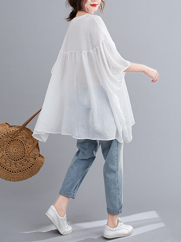 Half Sleeves Loose Pleated See-Through Solid Color Round-Neck Blouses&Shirts Tops