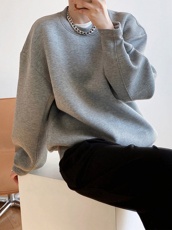 Long Sleeves Loose Solid Color Round-Neck Sweatshirt Tops