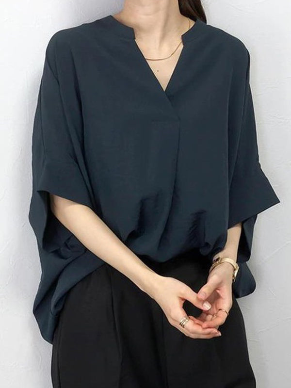 Half Sleeves High-Low Pleated Solid Color Split-Joint V-Neck Blouses&Shirts Tops