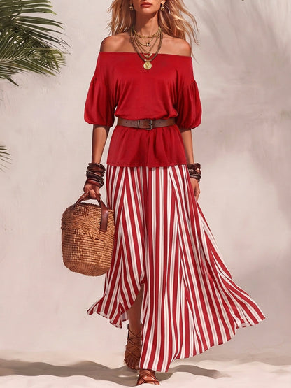 Half Sleeves Solid Color Off-The-Shoulder T-Shirts Tops + Belted Contrast Color A-Line Striped Skirts Bottoms Two Pieces Set