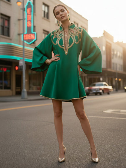 A-Line Long Sleeves Contrast Color Printed Split-Joint Stand Collar Mini Dresses