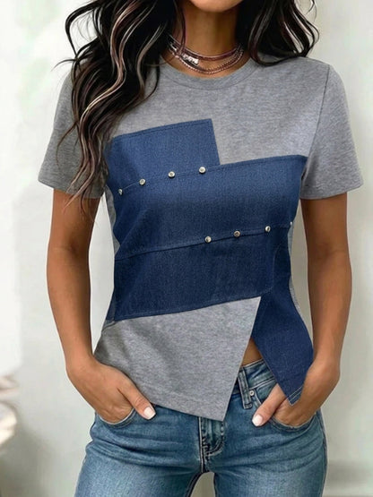 Split-Joint Contrast Color Short Sleeves Irregularity Round-neck T-Shirts Tops