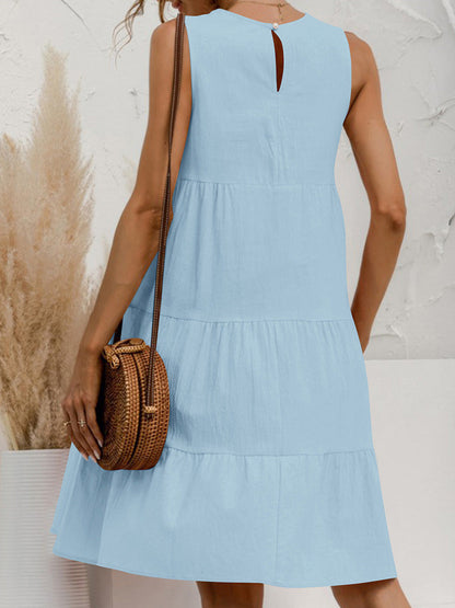 A-Line Loose Pleated Solid Color Tiered Round-Neck Mini Dresses
