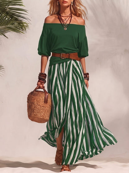 Half Sleeves Solid Color Off-The-Shoulder T-Shirts Tops + Belted Contrast Color A-Line Striped Skirts Bottoms Two Pieces Set