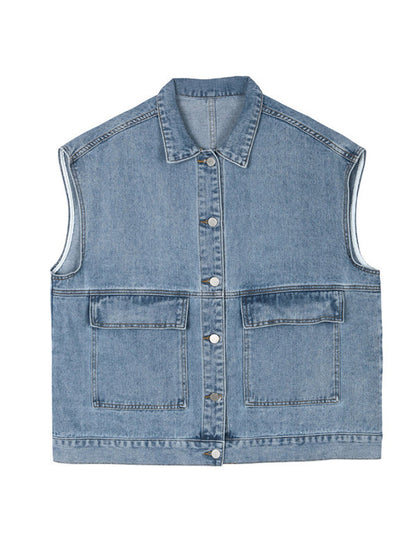 Simple Split-Joint Solid Color Denim Vest Outerwear