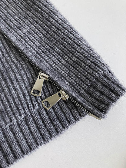 Long Sleeves Loose Split-Joint Split-Side Zipper High Neck Sweater Tops